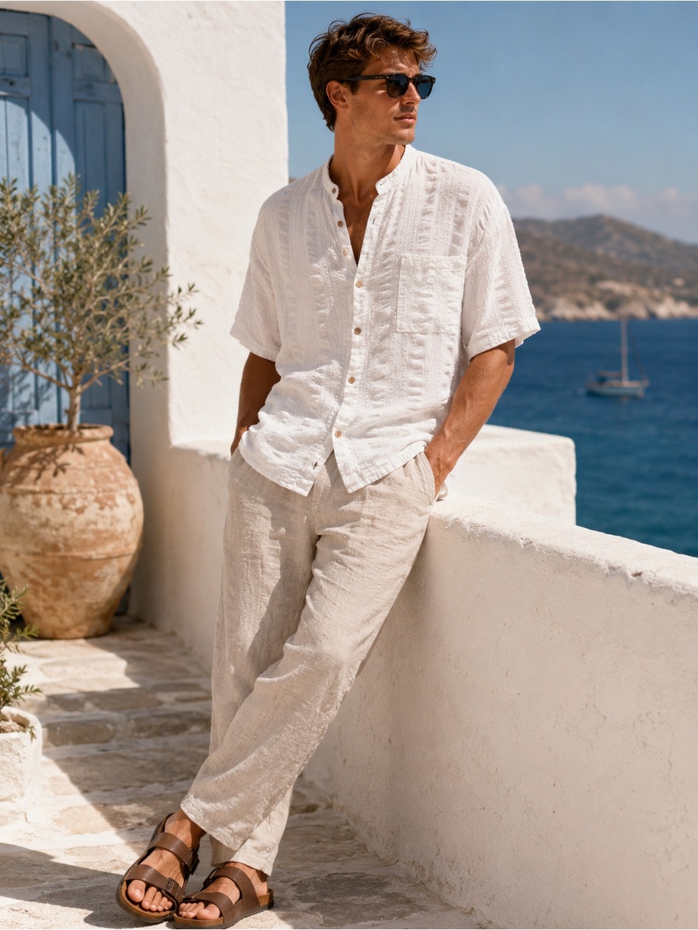 Boomil Men’s Made in Greece Short Sleeve Seersucker White Button Down Shirt S